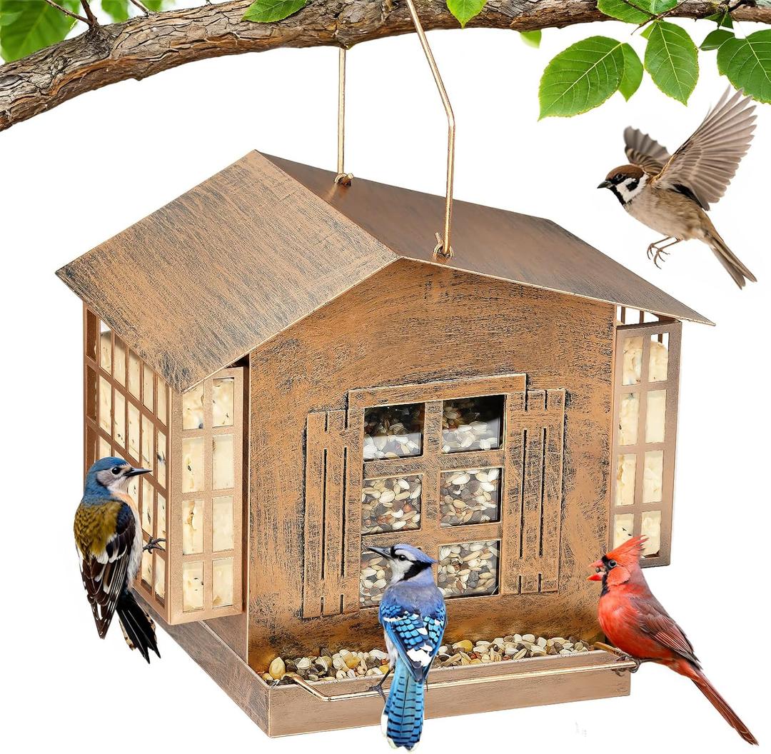 Bird Feeders for Outdoors, Bird Feeder with Double Suet Holders, 2 in 1 Mixed Seeds Suet Feeder for Outside, Weatherproof Metal Roof, Easy to Refill&Clean, 5LB Large Seed Capacity