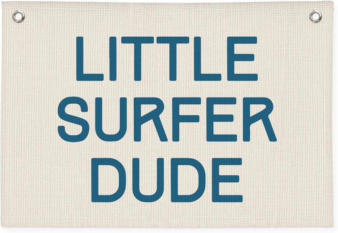 Coastal Summer Beach Surf Decor, Boys Beach Room Decor Aesthetic, Little Surfer Dude Linen Banner Wall Hanging Banner Flag 20x30 Inch