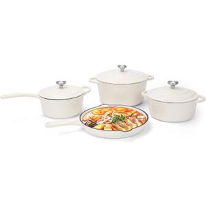 QuliMetal Nonstick Enameled Cast Iron Cookware Set, 7-Pcs Pots and Pans with Lid, Frying Pan Skillet, Sauce Pan, Healthy Round Dutch Oven Pot for Sourdough Bread Baking on All Stovetop, Cream White