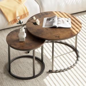 aboxoo Coffee Table Nesting Round Table Set of 2 Side Table with Sturdy Metal Frame for Living Room Bedroom Apartment Modern Industrial Simple Nightstand,Rustic Brown, 23.6 x 23.6 x 17.7 inches