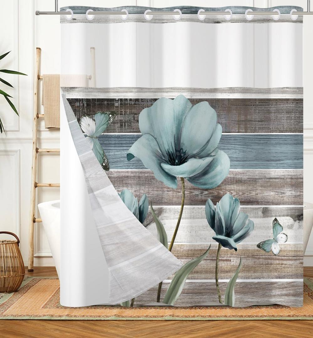DASHAN No Hook Shower Curtain with Snap in Liner, Rustic Floral Shower Curtains for Bathroom, Teal Flowers Bath Curtain Wood Country Farmhouse Fabric Bathroom Curtains 71"x74"