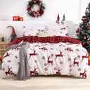 Christmas Duvet Cover King, Soft Brushed Microfiber Comforter Cover Sets, Reindeer Printed Holiday Theme Bedroom Decorative Bedding (King Size, Red Plaid Deer)