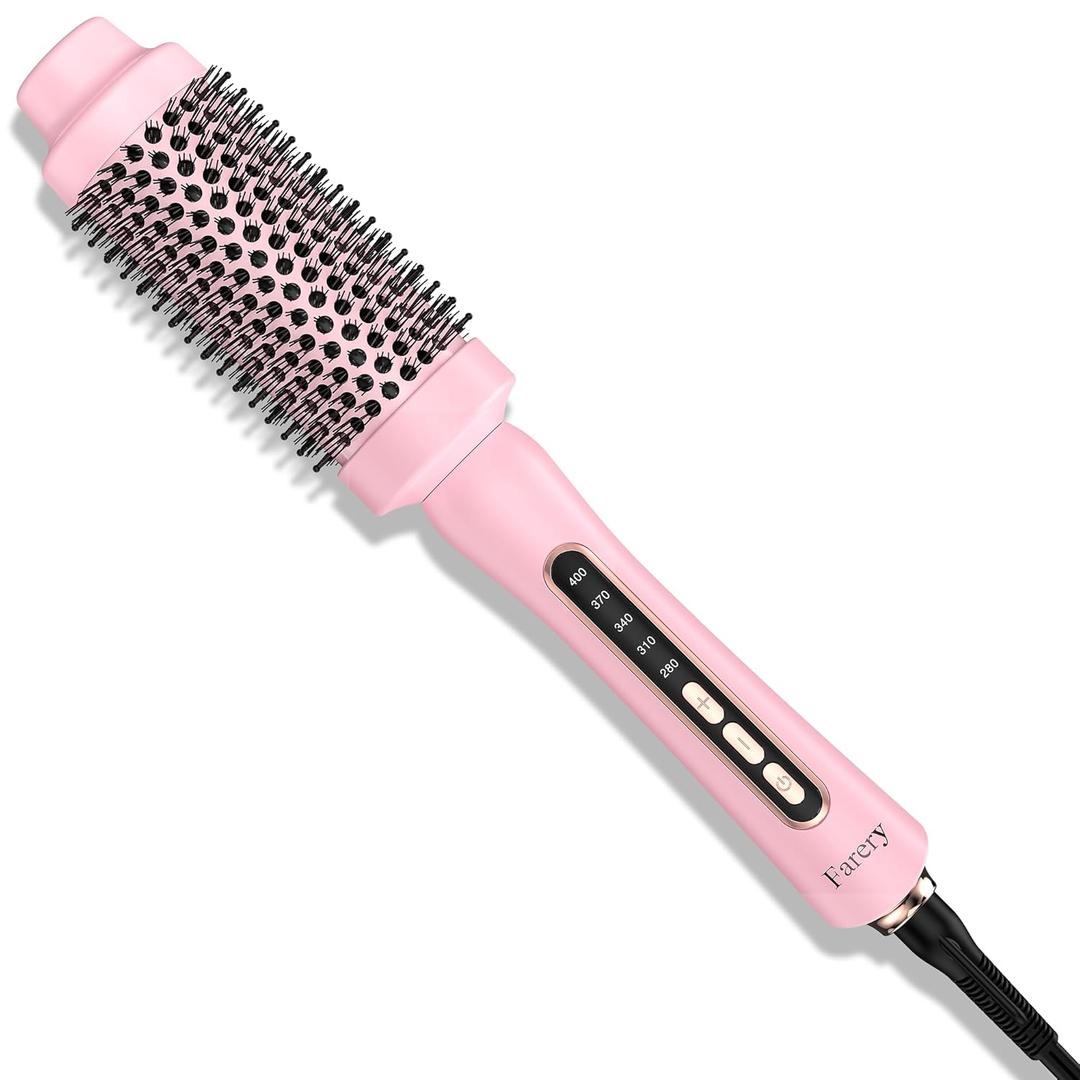 Upgraded Farery Thermal Brush, Non-Blowing Heated Round Brush, 1 3/4 Inch Hot Curling Brush with Adjustable Temp, Easier & Faster & Smoother, Dual Voltage for Travel, Longer Lasting Bristles (Pink)