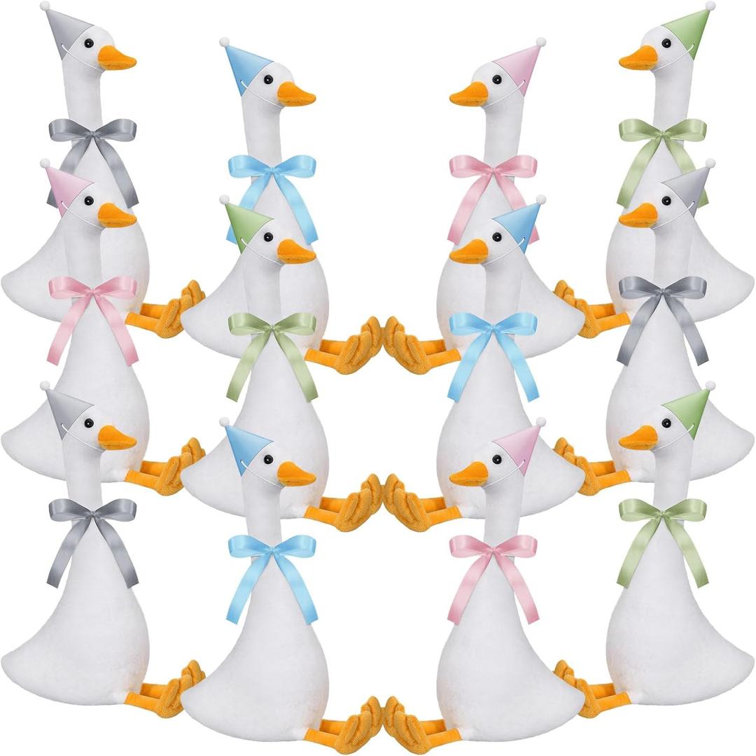 Blueweenly 12 Sets 11.8 Inch Silly Goose Birthday Decor Girl Boy 1st Adopt a Goose Party Favor Gift Plush Stuffed Animal with Mini Party Hat and Ribbon for Christmas Birthday Gift