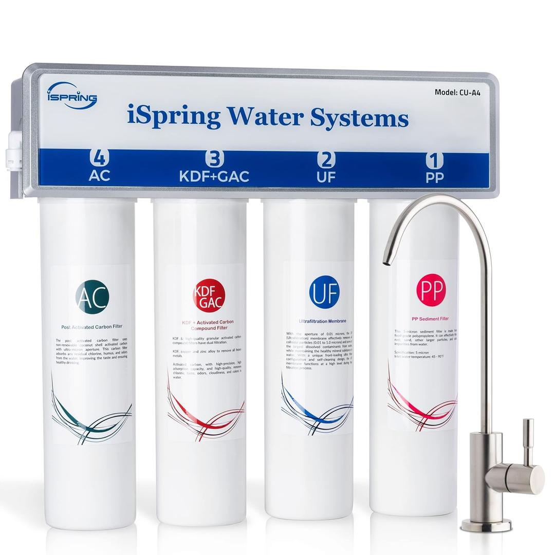 iSpring CU-A4 0.01m Ultra-Filtration Under Sink Water Filter System, Tankless 4-Stage High Capacity, Remove 99.99% Contaminants, Quick Filter Change with Brushed Nickel Faucet, White