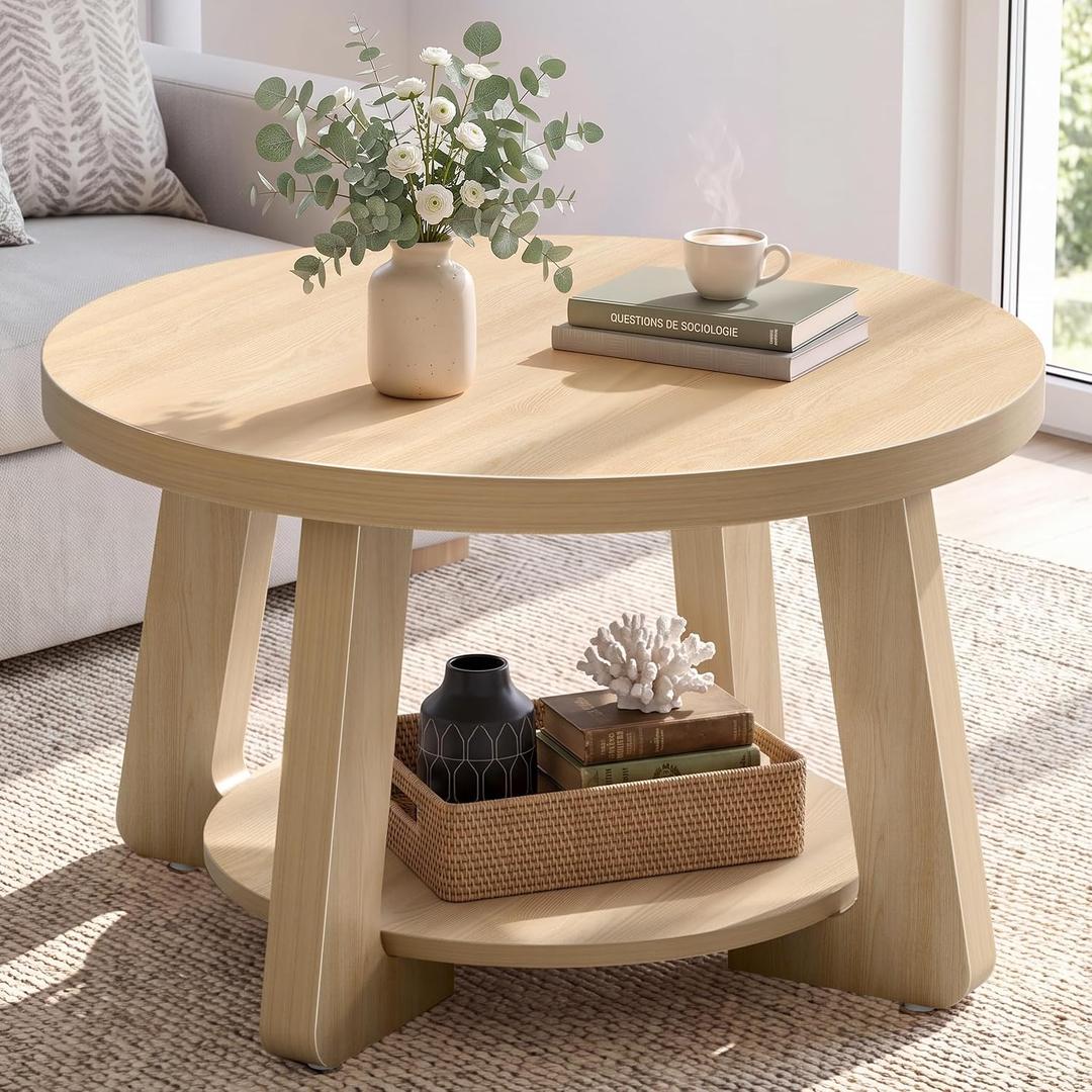 30" Round Coffee Table with Storage Shelf for Living Room, Natural