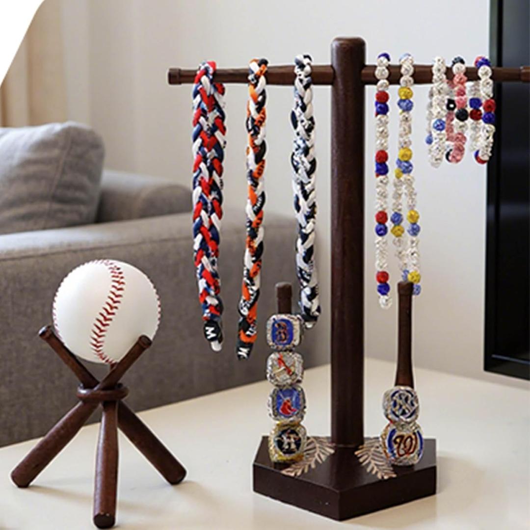 SkillDance Wooden Baseball & Softball Ring and Necklace Holder, Championship Ring Display with Baseball Stand, 3-in-1 Home Plate Baseball Jewelry Organizer, Gift for Baseball Players & Fans