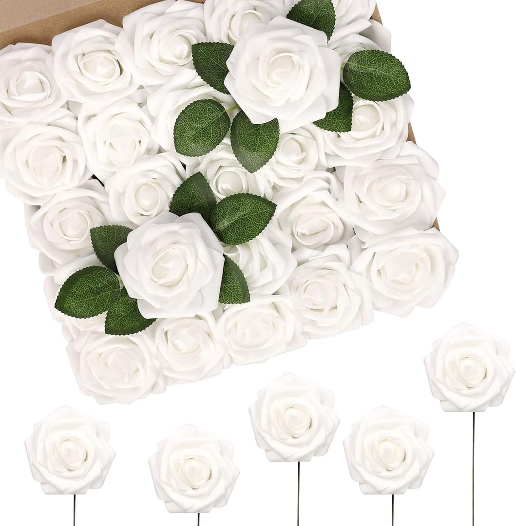 N&T NIETING Artificial Flowers 50pcs Real Touch White Flowers Artificial Roses for Decoration for DIY Wedding Bouquets Bridal Centerpieces Floral Shower Party Tables Home Arrangement N&T NIETING Artificial Flowers 50pcs Real Touch White Flowers Artificial Roses for Decoration for DIY Wedding Bouquets Bridal Centerpieces Floral Shower Party Tables Home Arrangement