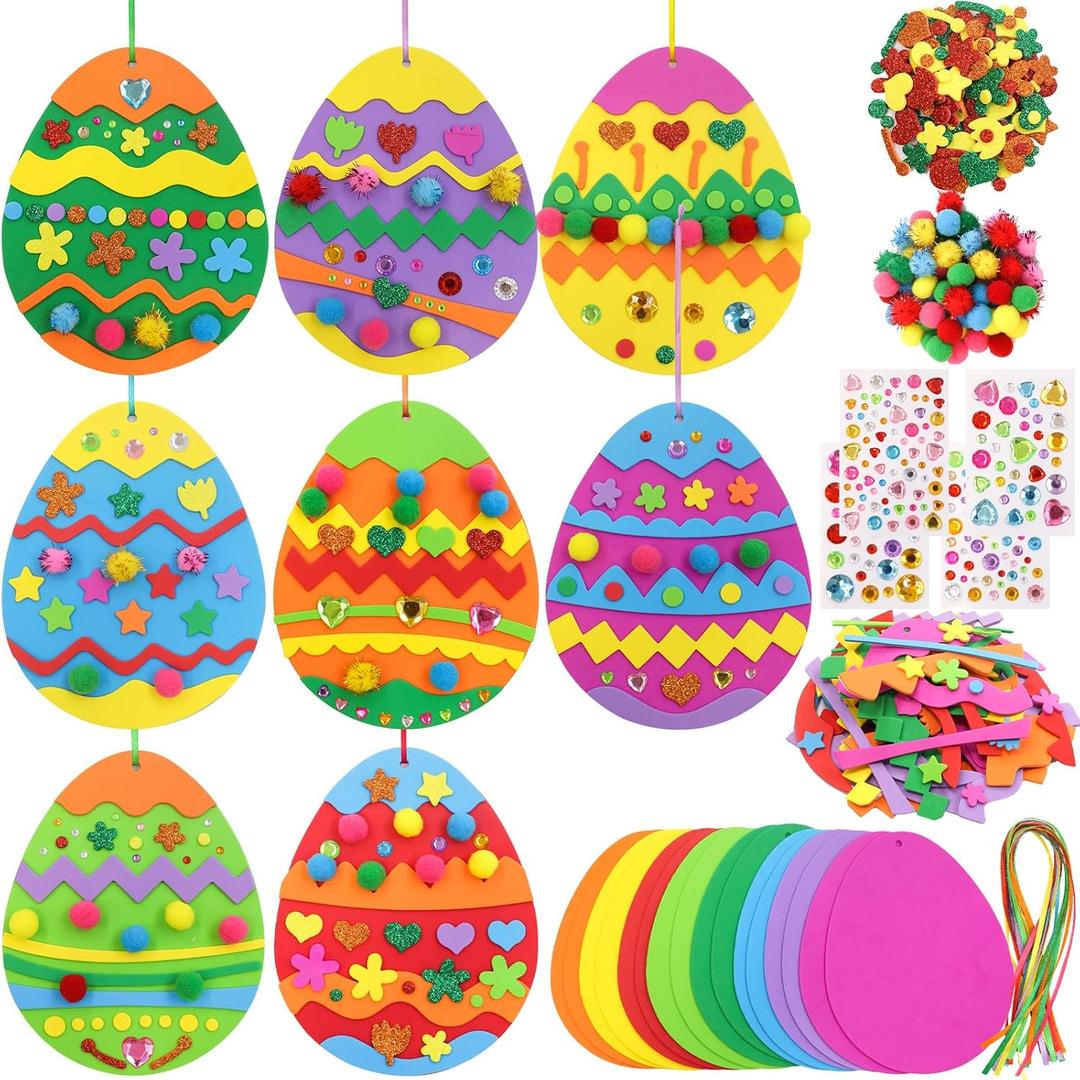 Fancy Land Easter Craft Kits DIY Egg Ornaments Decoration Art Sets Spring Craft for Kids with Pom Poms Foam Stickers for School Classroom Activities Party Favors 16Pcs