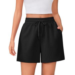 PINSPARK Sweat Shorts for Women Casual Summer Athletic Short Elastic Waist Comfy Lounge Shorts Bottoms with Pockets, Black, L