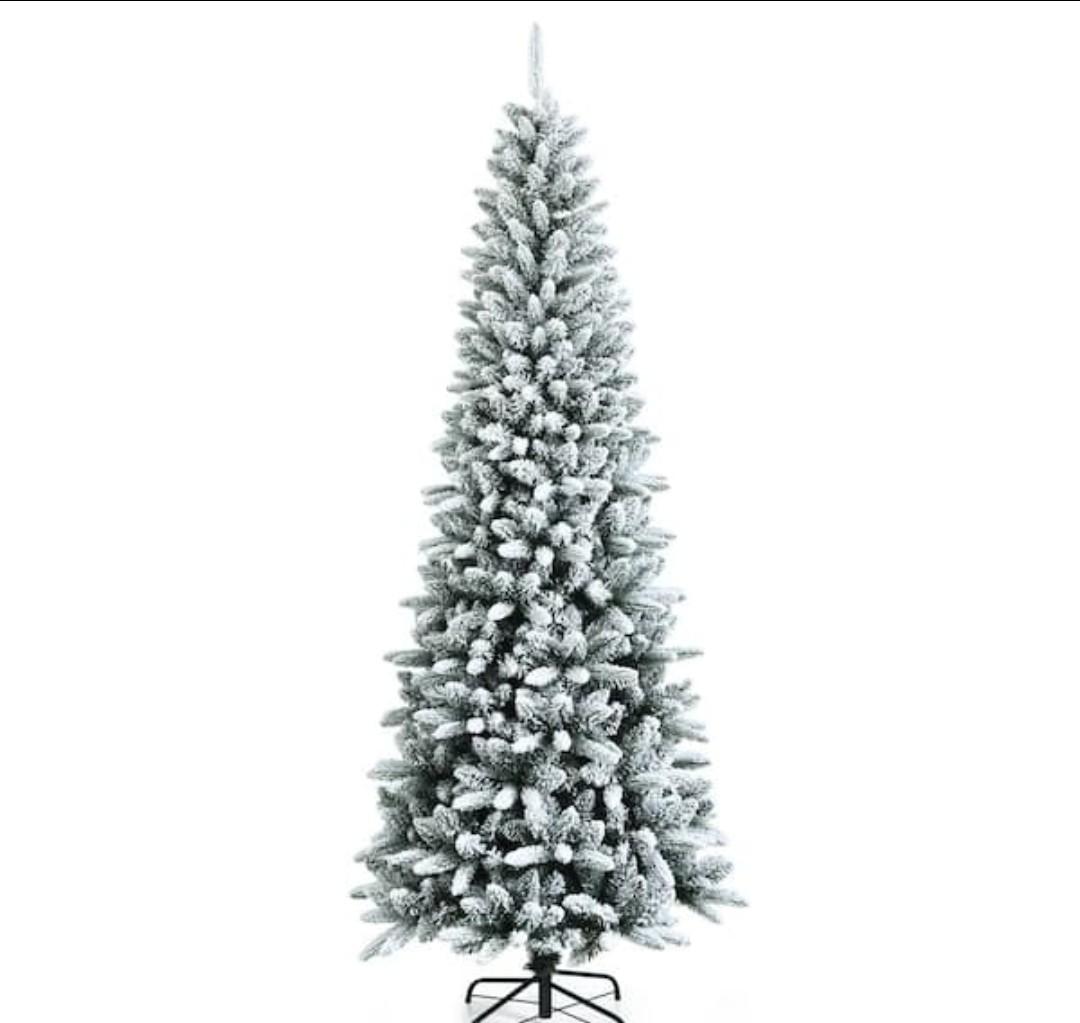 7.5ft Snow-Flocked Hinged Artificial Christmas Pencil Tree w/1189 Mixed Tips