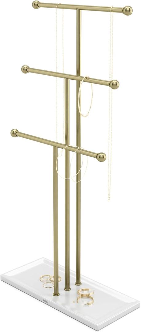 Umbra Trigem Hanging Jewelry Organizer Tiered Tabletop Free Standing Necklace Holder Display, White/Gold