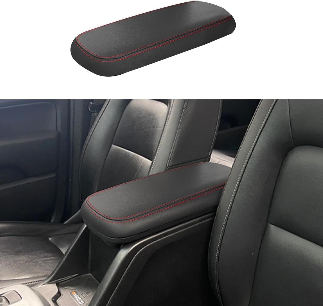 Car Center Console Armrest Cover for 2015-2022 Chevy Colorado/GMC Canyon Leather Anti-Scratch Central ArmRest Box Lid Seat Cover Protector Cushion Interior Accessories-Red Stitches
