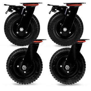 8 Inch Heavy Duty Swivel Knobby Casters Set of 4, 7-7/8" Diameter, Solid PU Knobby Tread Heavy Duty Caster Wheels, Swiveling Bases, Two Casters with Brakes, Two Without, Black & Red
