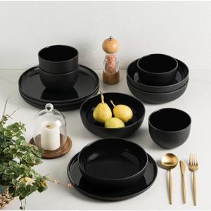MissYIP Melamine Dinnerware Sets 12pcs, Service for 4, Unbreakable Reusable Kitchen Dinnerware Set, Outdoor Camping Dishes, BAP free, Dishwasher Safe,Not oven-safe or microwavable(Black)