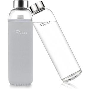 Ryaco Borosilicate Glass Water Bottle 33oz/1L/1000ml BPA-Free Leak Proof Ideal for School Home Office Travel Sport Yoga Gym Hot Cold Drinks with Portable Neoprene Carrying Sleeve and Sponge Brush