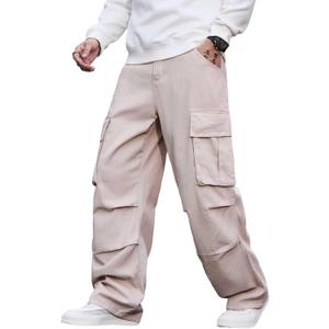 Baggy Denim Cargo Pants for Men with Pockets Mid Weight Wide Leg Hip Hop Skater Jeans Streetwear (Small, B20 Khaki)