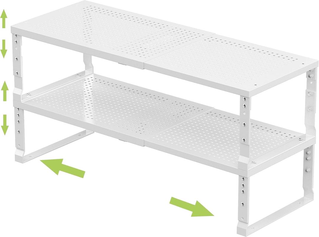 Expandable Adjustable Stackable Kitchen Organizer, Spice Rack,Metal Pantry Storage Shelves Racks,Counter Shelf for Cabinets, Countertop, Cupboard(2 Packs/Large/White) (10.24"D x 16.6"~26.5"W x 6.1"/7.5"H0