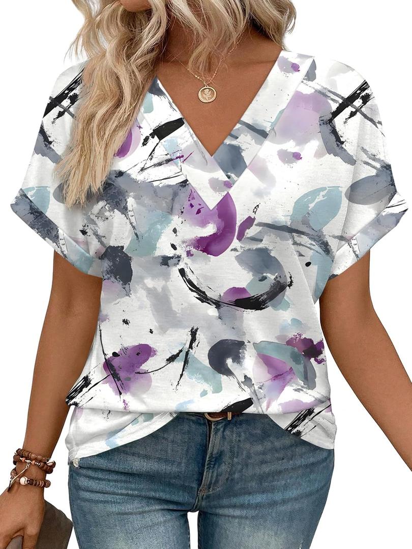 WIHOLL Womens Summer Tops Short Dolman Sleeve Shirts 2025 Fashion V Neck Outfits Clothes (3X-Large, 3-purple Printed)