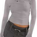 Long Sleeve Shirts for Women - Casual Y2K Printing Crop Tops Crewneck Slim Fit T-Shirt Tees (Gray, S)
