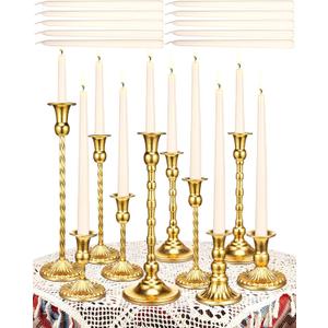 Suclain 24 Pcs Brass Gold Candlestick Holders and Taper Candles Set 12 Vintage Taper Holders with 12 Tall Candles Decorative Candlestick Modern Centerpiece for Wedding Birthday Halloween Christmas