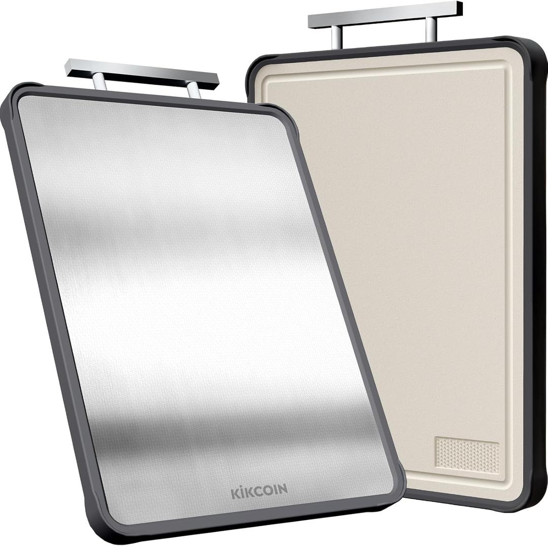 Kikcoin Stainless Steel Cutting Board, Double Sided Titanium Cutting Boards for Kitchen, Stainless Steel and Wheat Straw PP Large Chopping Board, Beige