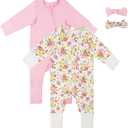 Satol Baby Girl Cotton Clothes, One-Piece Zip Front Footed, 2 Way Zipper Outfit Baby Clothes for Girls (6-9 Months, Pink)