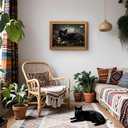 Vintage Gold Framed Black Cat Wall Art Dark Cottagecore Painting 16x24 Inch