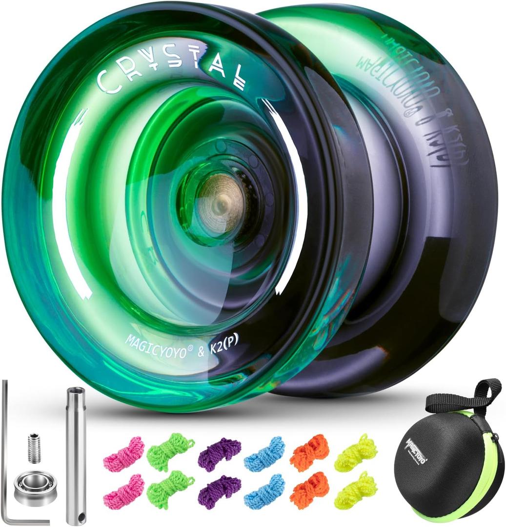 Yoyo K2 Crystal - Professional Responsive Yoyo for Kids Beginners, Dual Function Yo Yo for Adults Advanced + Extra Unresponsive Bearing + 12 Yo-yo Strings + Storage Bag + Removal Tool ( Black Green)