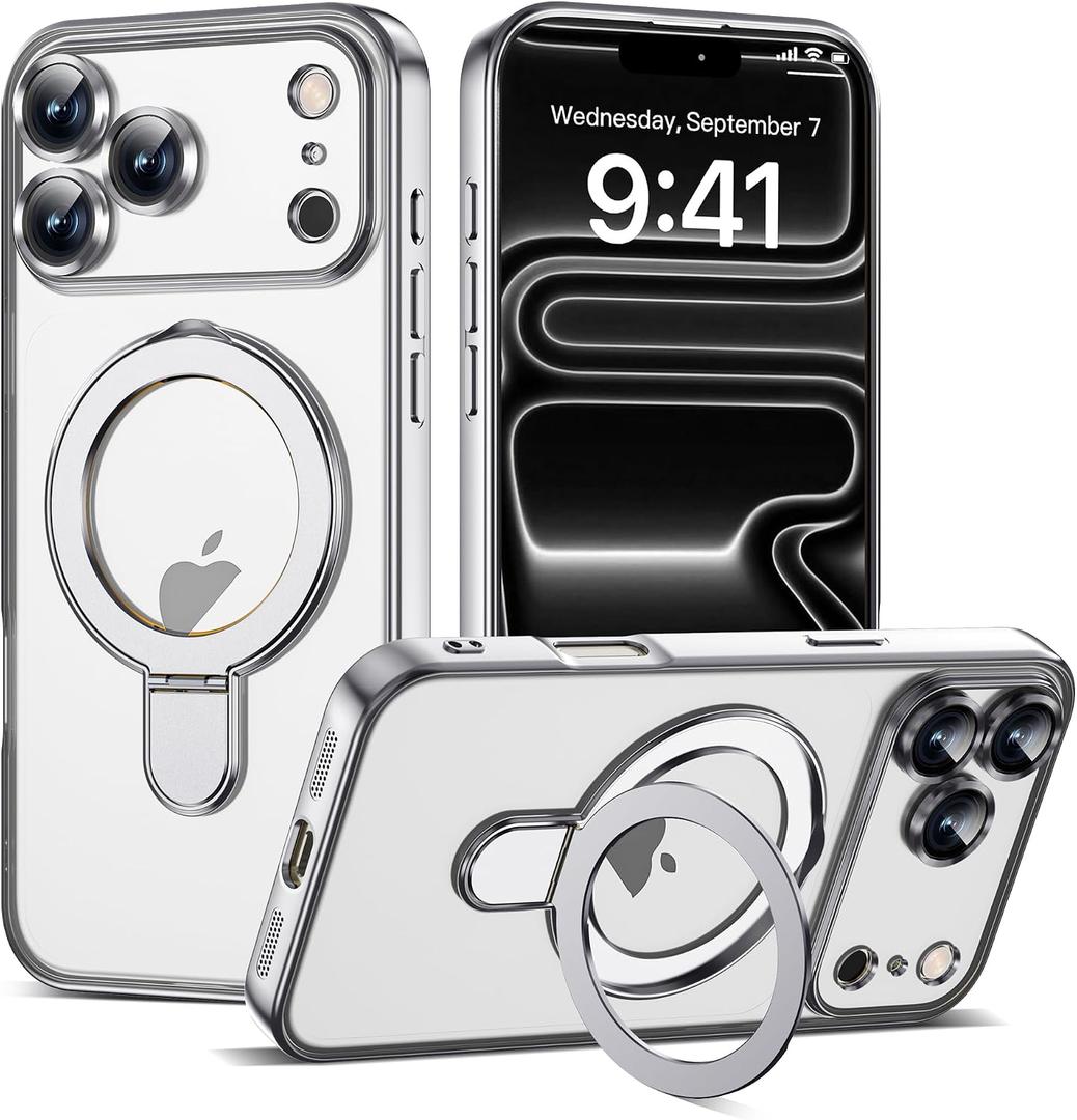 Plating Clear Case for iPhone 17 Pro Max with Stand 6.9", Silver