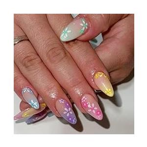 Almond Press On Nails Medium Fake Nails Flower False Nails With Gradient Design Spring Summer Glue On Nails Full Cover Artificial Glossy Acrylic Stick On Nail For Women 24pcs