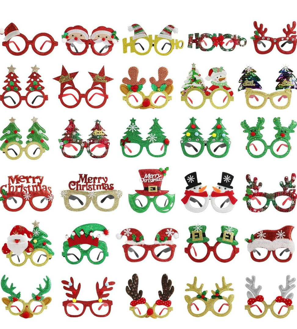 30Pcs Christmas Glitter Glasses Frames for Kids, Christmas Eyeglasses Holiday Party Glasses Frames Christmas Decoration Accessories for Christmas Parties Holiday Favors Photo Booth (One Size Fits All)