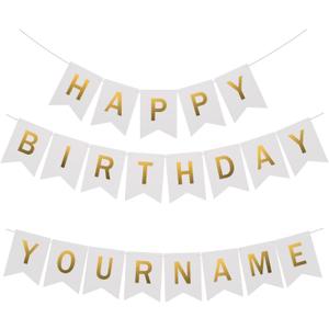 White Happy Birthday Bunting with Name: Custom Garlands with 2 set 26 Letters to Spell Name or Words DIY Birthday Banner