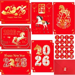 ceiba tree Chinese New Year Cards 12Pcs Lunar Year of the Horse 2026 Gold Foiled Greeting Cards with Red Envelopes 5 x 7 Inch Happy Lunar New Year Notecards New Years Eve Party Supplies
