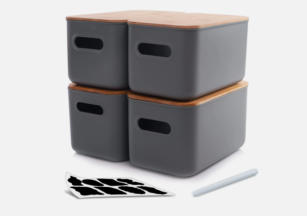 Citylife 4 Packs Plastic Storage Bins with Bamboo lids Stackable Storage Containers for Organizing, Bundled with Labels and Marker 10.24 x 7.01 x 6.1 inch (4 PCS- Medium, Grey)
