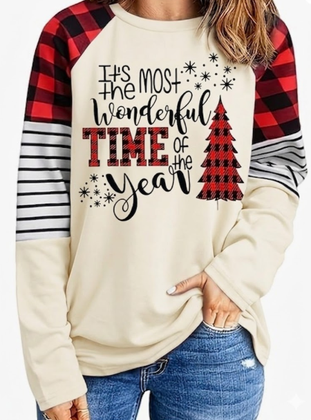 Women's Christmas Shirts Holiday Outfits Xmas Graphic Plaid Striped Raglan Long Sleeve Tops, S