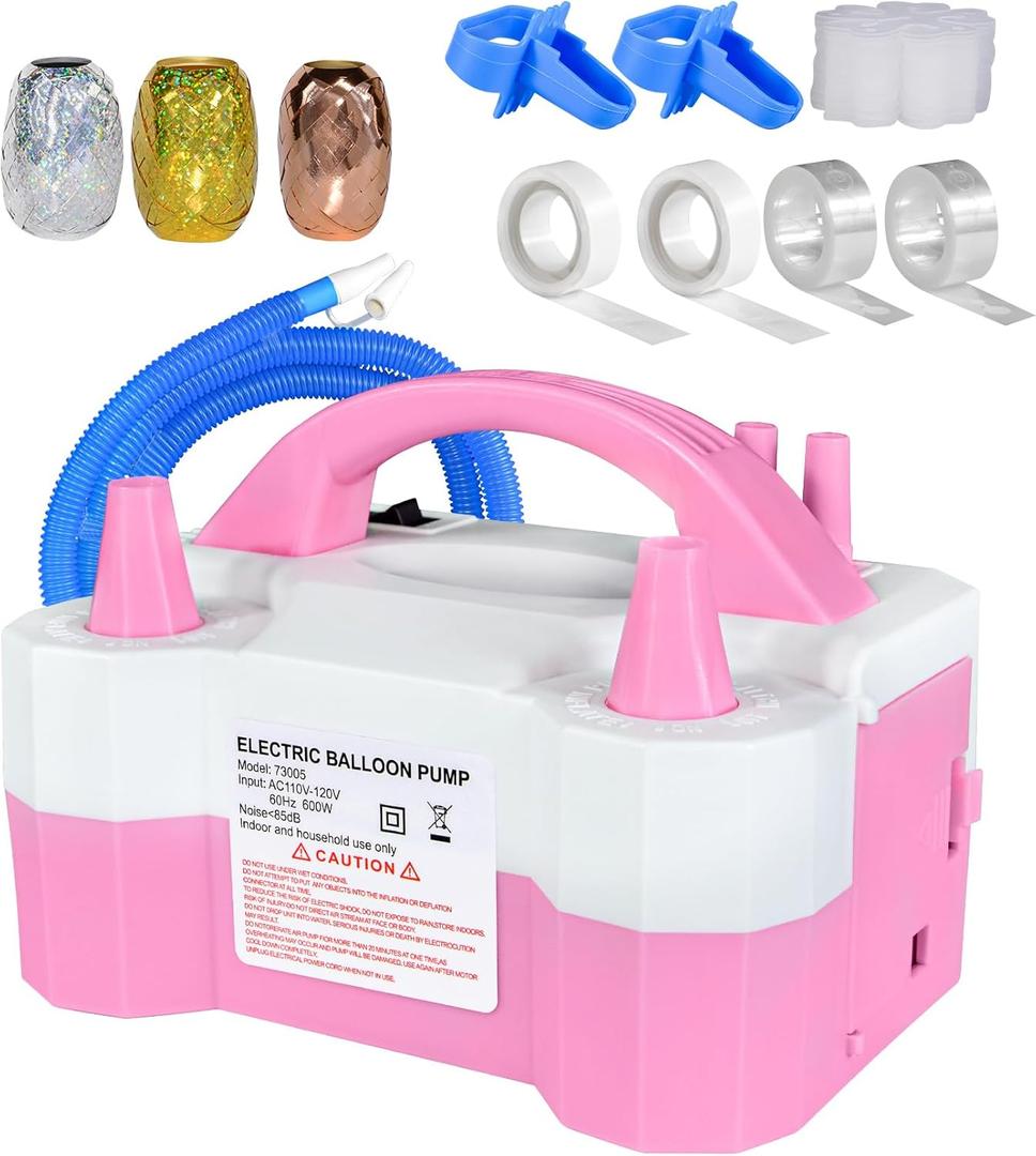 Electric Balloon Pump, Portable Dual Nozzle Inflator 600W High-Power 110V Fast Inflation, Time-Saving with Abundant Accessories - Balloons Air Pump for Birthday Wedding Setup (Pink)
