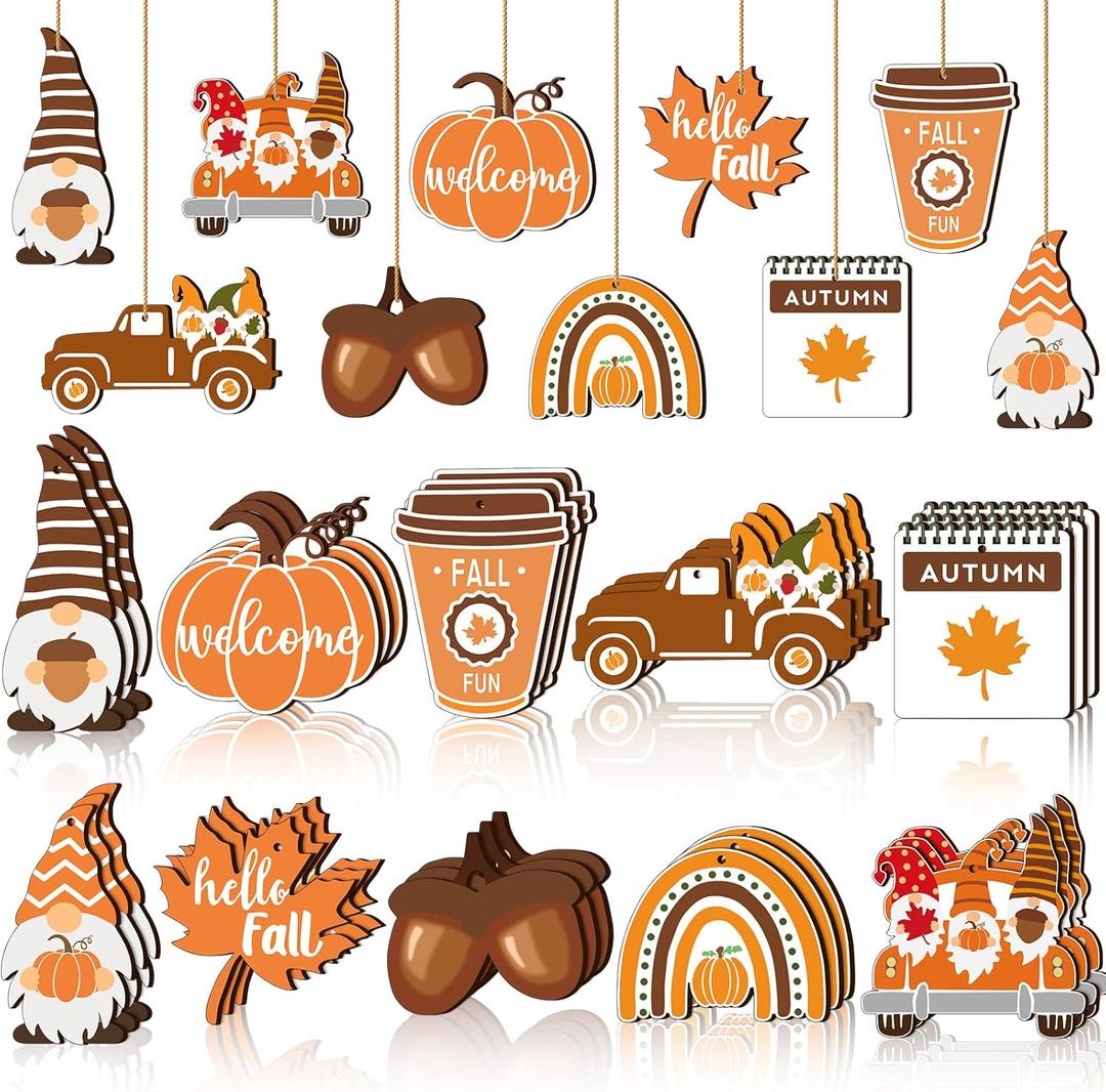 Chunful 30 Pcs Fall Thanksgiving Ornaments for Small Tree Decoration Wood Mini Autumn Pumpkin Gnome Maple Leaf Truck Cutouts Hanging Vintage Halloween Sign Yellow Orange Brown for Harvest Party