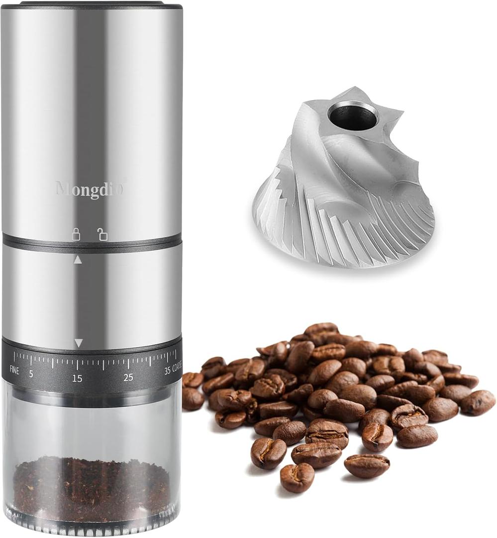 Mongdio Portable Electric Coffee Bean Grinder with 38 Adjustable Settings, Electric Burr Coffee Grinder Stainless Steel Core, For Traveling, Camping, Office, Silver