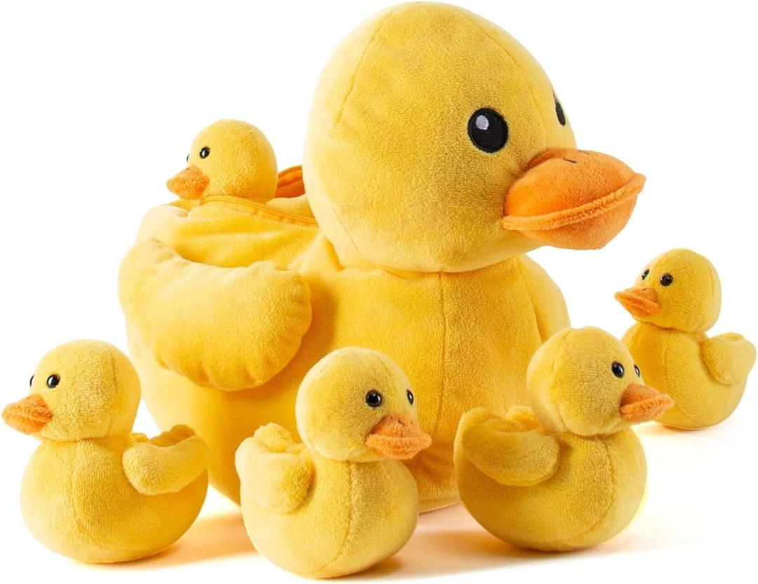 Prextex Duck Family Adventure Plush - 6pcs Playset With 5 Cute Baby Ducklings, Fluffy Cuddly Stuffed Animal, Yellow Soft Toy, Great Gift, Stocking Fillers for Kids Decor