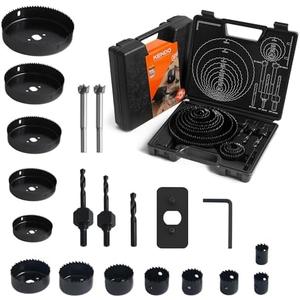 KENDO Hole Saw Set,23Pcs Hole Saw Kit with 3/4" to 6" (19-152mm) Saw Blades,Forstner Bit Set,Mandrels,Drill Bits,Installation Plate,Hex Key for Soft Wood,Plastic,PVC Board,Drywall with Storage Case