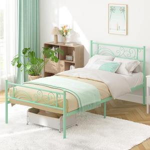 Weehom Twin Bed Frames with Headboard, Heavy Duty Metal Platform No Box Spring Needed Under-Bed Storage Easy Assembly Twin Sized Bed for Kids Girls Adults,Mint Green