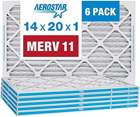 Aerostar 14x20x1 MERV 11 - 6 Count - Pleated HVAC, Furnace & Air Conditioner Filters - Removes Dust, Cold & Flu Germs, Lint, Mold, Pet Dander, Allergy-Causing Pollen, Smog & Smoke