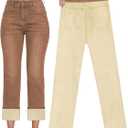 KDF Women's Fleece Lined Jeans Women High Waisted Straight Leg Jeans Winter Fleece Lined Jean Pants (14, #Brown)