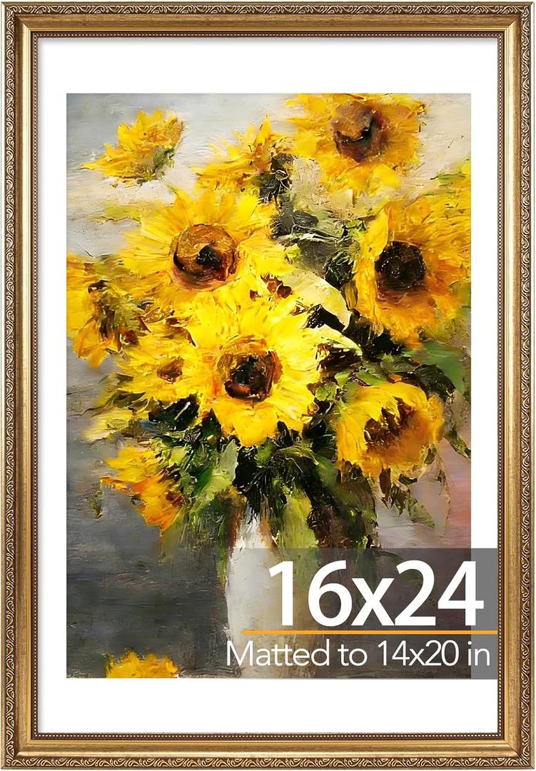 JCJMY 16x24 Vintage Picture Frame for Poster Photo Picture and 40x60 cm Canvas with 14x20 Mat, Elegant Retro 16 by 24 Photo Frame with Shatter-Resistant Plexiglass for Wall, Gold, 1 Pack