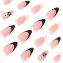 2 x 24 Pcs Press on Nails Short Almond - ZIFANHU Black White French Fake Nails Press ons Nail Art Tip Full Cover Acrylic Pink False Nails with Cute Flower Glod Lines Design Glue on Nails for Women