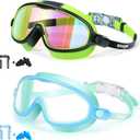 Seago Swim Goggles 2 Pack Anti-Fog Anti-UV Wide View Swimming Goggles for Kids 3-14 (Light Blue & Black/Green)