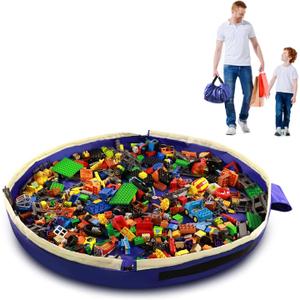 Toy Storage Mat Bag by Drawstring for Lego - Play Mat Bag Toy Storage Container for Kids with Cap can as Gift Blue 47inch