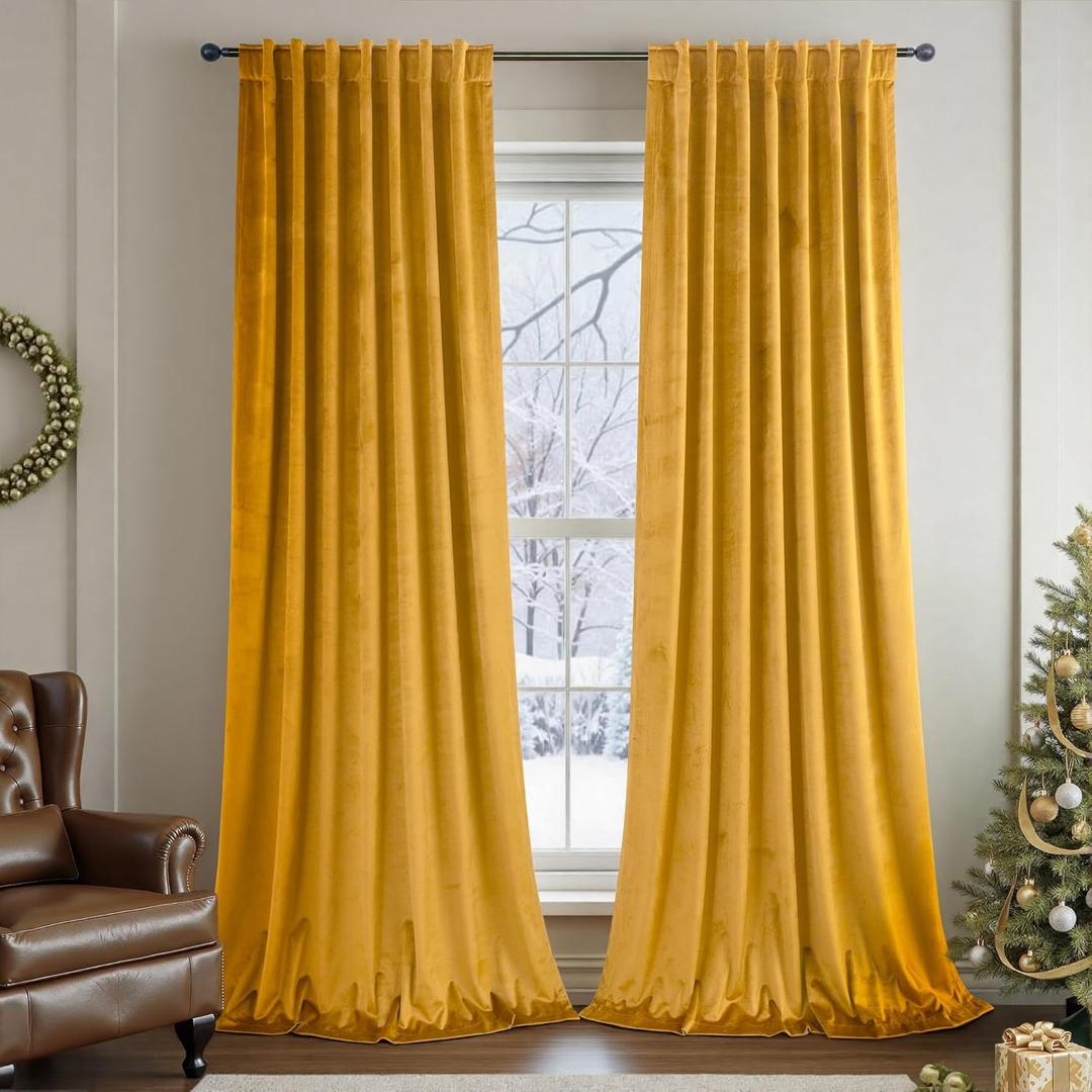 Gold Velvet Curtains 96 Inch Long 2 Panel for Living Room Dining Area Soft Luxury Home Decor Thermal Insulated Dark Out Drape Privacy Darkening Curtain for Bedroom Vintage Wall Backdrop Golden Pumpkin