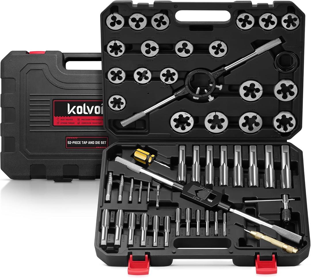 Kolvoii 52-Piece Large Metric Tap and Die Set, M6 to M24 Coarse and Fine Threads, Heavy-Duty GCr15 Steel Thread Repair & Rethreading Tool Kit for Internal & External Threads